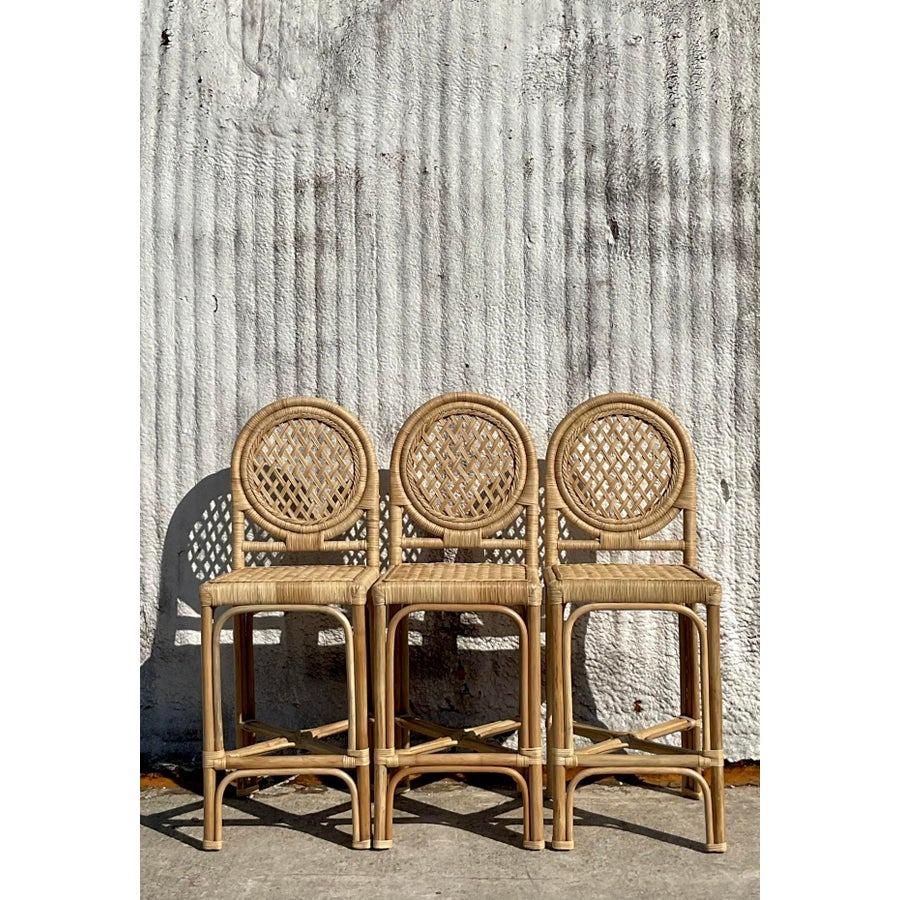 Vintage Coastal Wrapped Rattan Trellis Bar Stools - Set of 3 For Sale 2