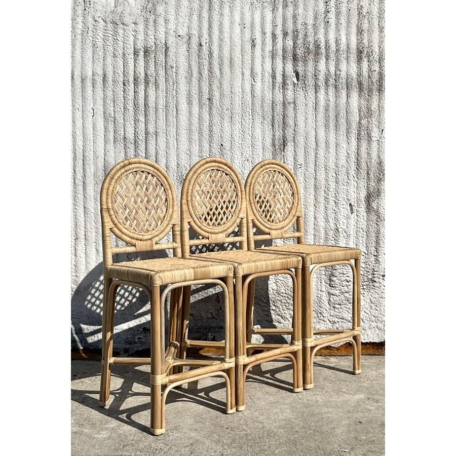 Vintage Coastal Wrapped Rattan Trellis Bar Stools - Set of 3 For Sale 3