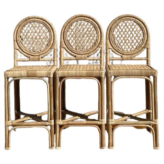 Vintage Coastal Wrapped Rattan Trellis Bar Stools - Set of 3