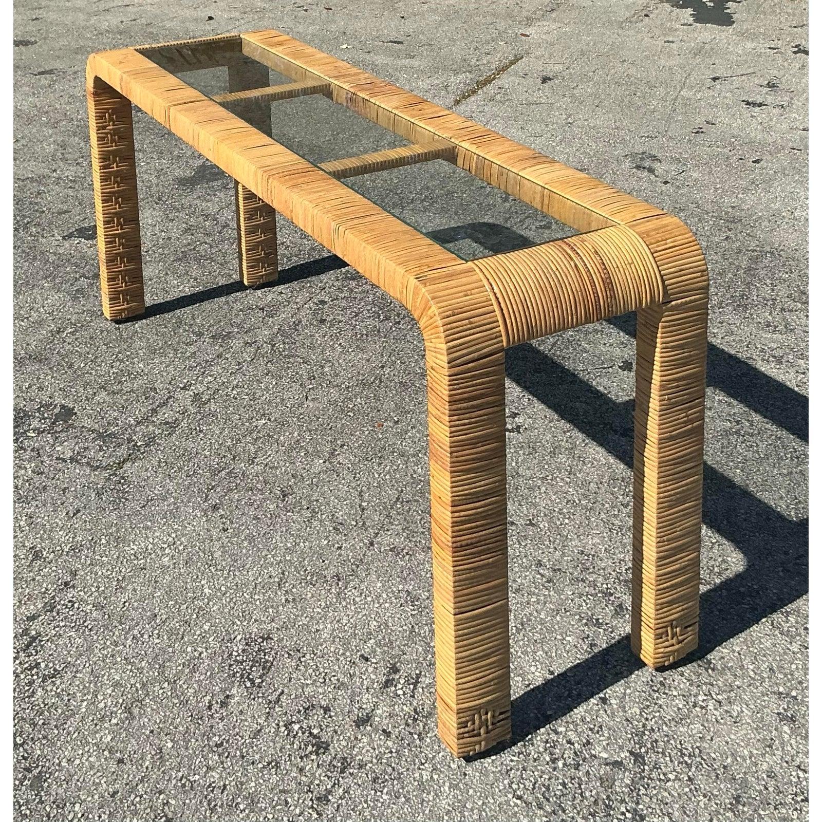 Vintage Coastal Wrapped Rattan Waterfall Console Table For Sale 5