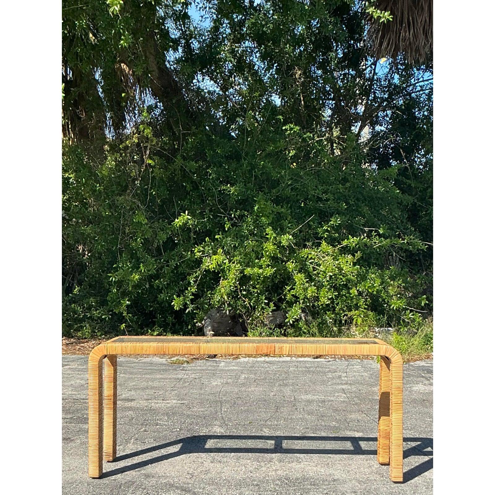 Philippine Vintage Coastal Wrapped Rattan Waterfall Console Table For Sale