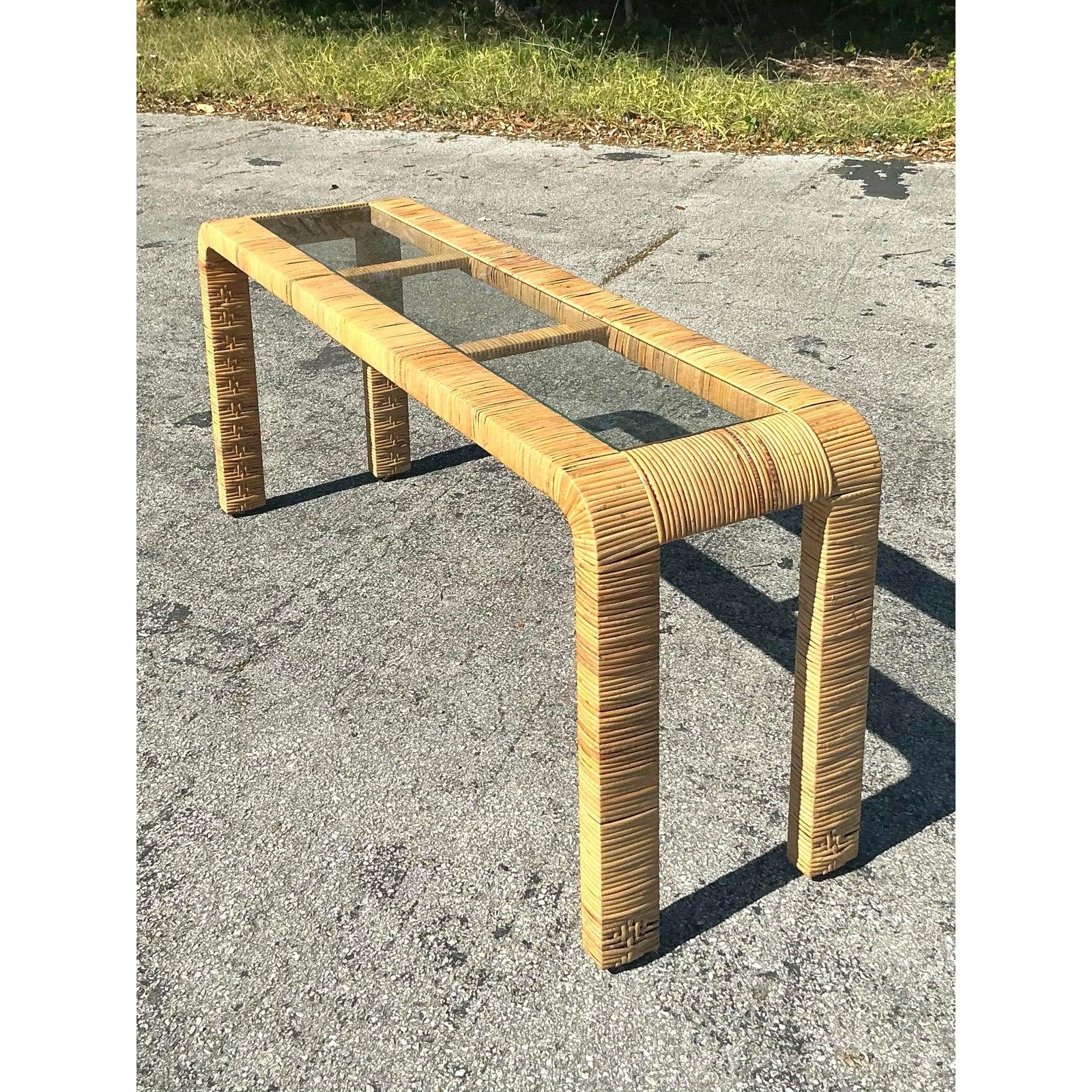 Vintage Coastal Wrapped Rattan Waterfall Console Table In Good Condition For Sale In west palm beach, FL