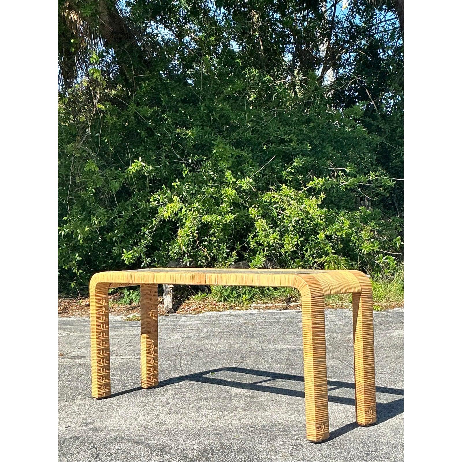 Vintage Coastal Wrapped Rattan Waterfall Console Table For Sale 2