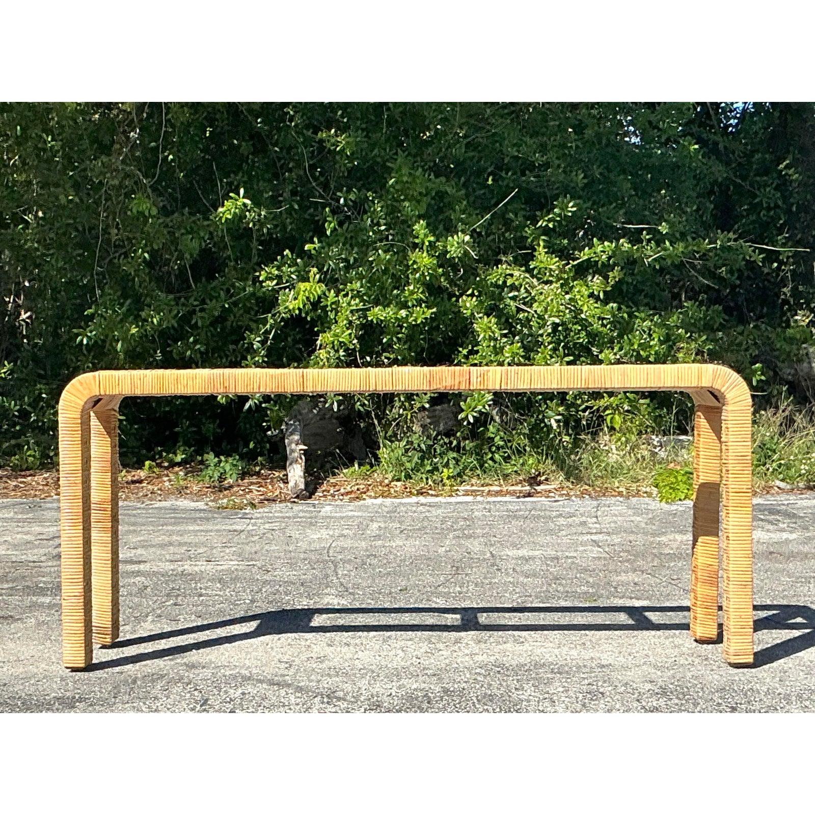 Vintage Coastal Wrapped Rattan Waterfall Console Table For Sale 4