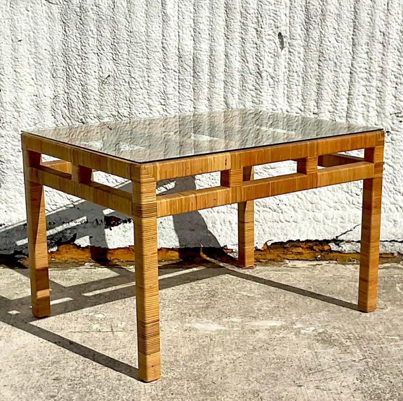 Vintage Coastal Wrapped Rattan Writing Desk In Good Condition For Sale In west palm beach, FL