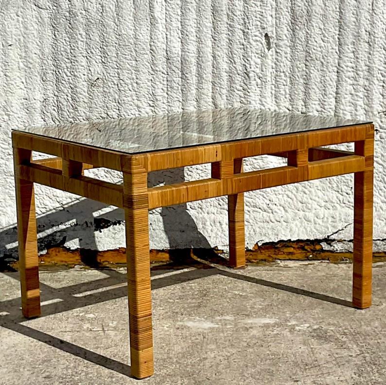 20th Century Vintage Coastal Wrapped Rattan Writing Desk For Sale