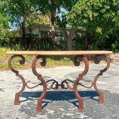 Vintage Coastal Wrought Iron and Stone Console Table