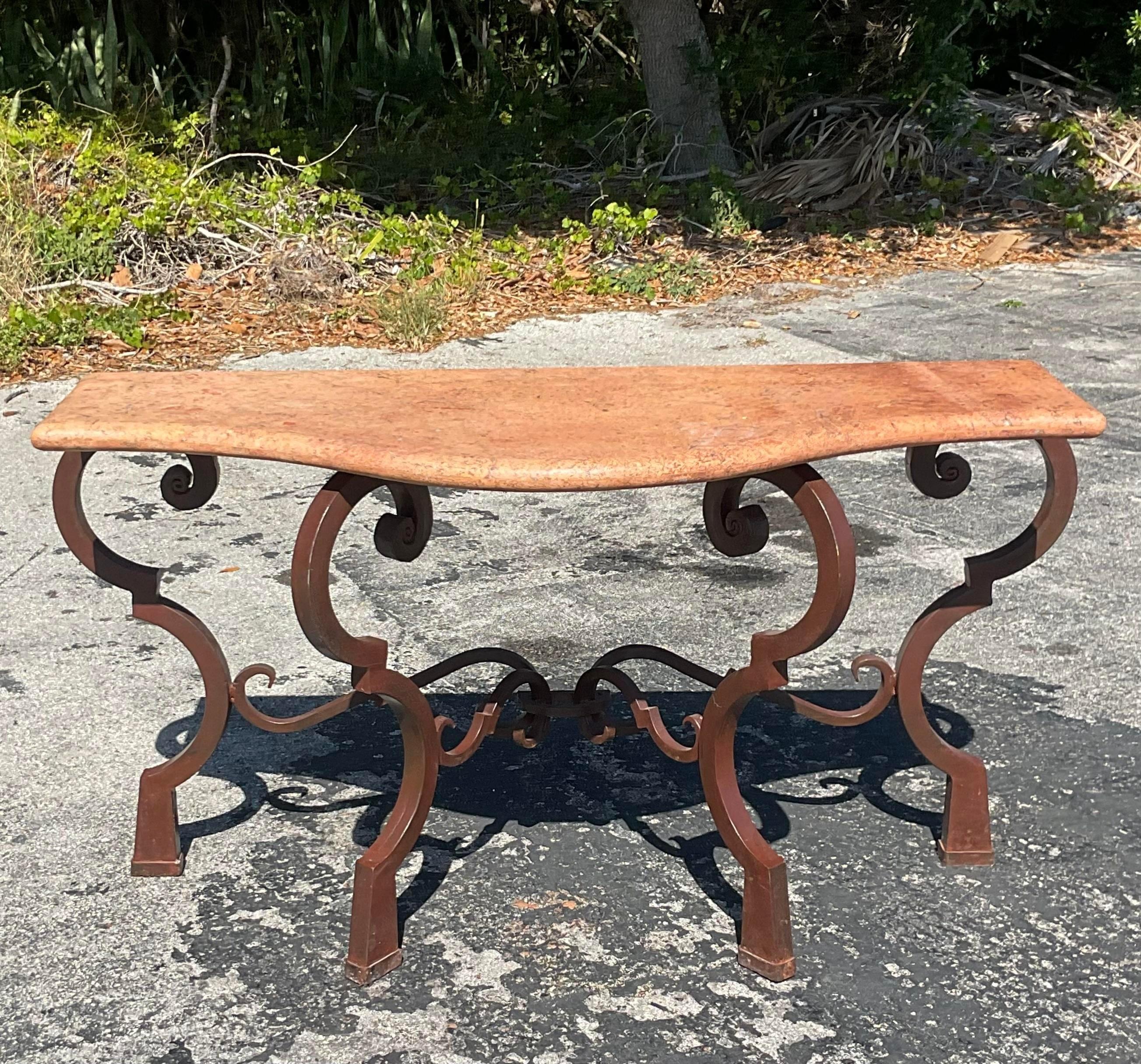 American Vintage Coastal Wrought Iron and Stone Console Table For Sale