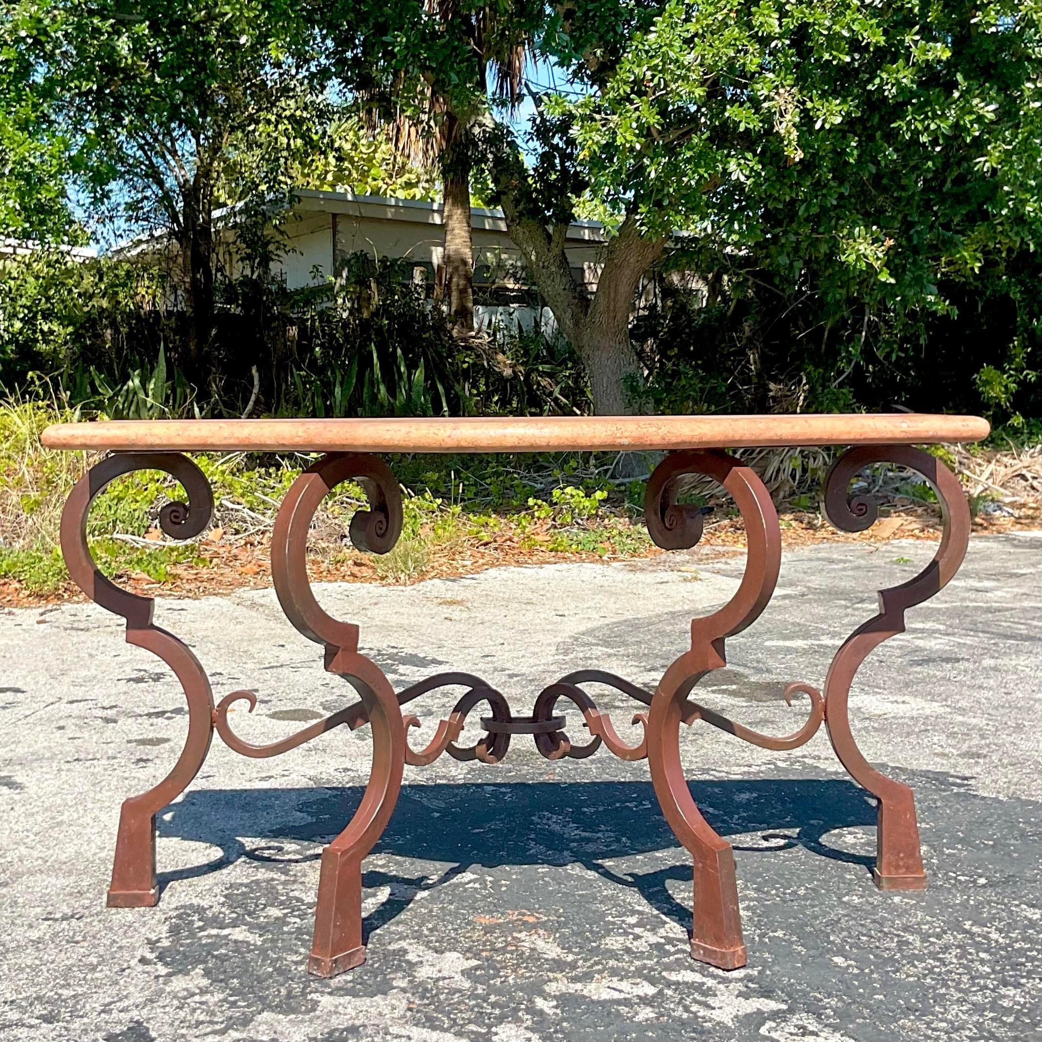 Vintage Coastal Wrought Iron and Stone Console Table In Good Condition For Sale In west palm beach, FL
