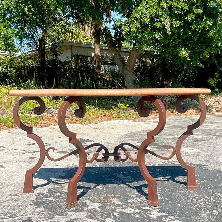 Vintage Coastal Wrought Iron and Stone Console Table For Sale at 1stDibs