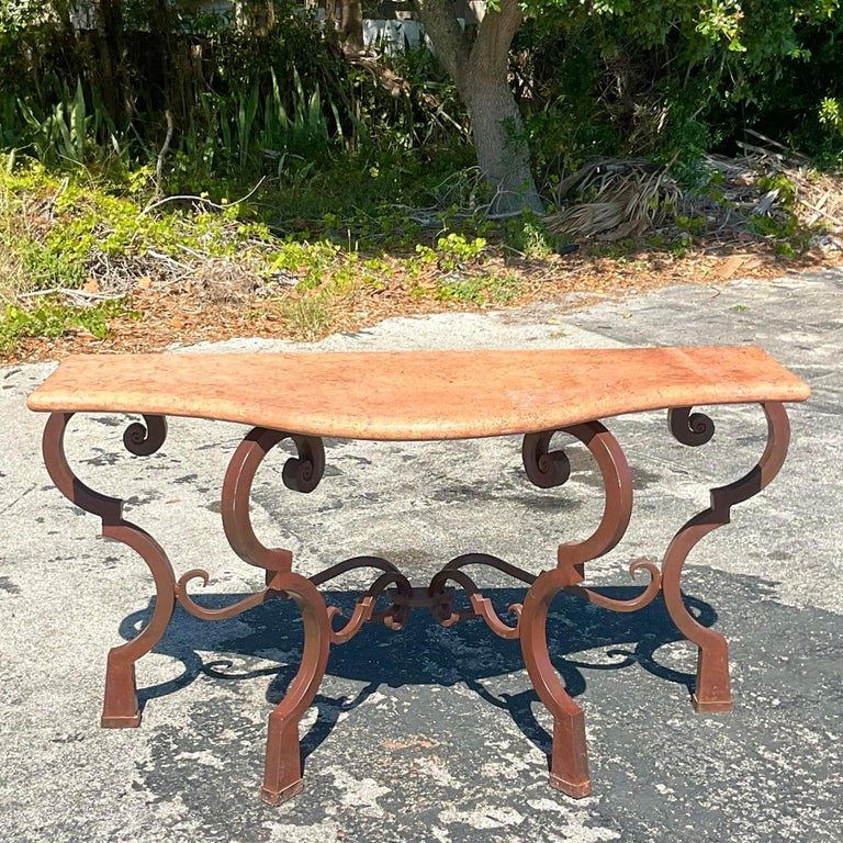 Vintage Coastal Wrought Iron and Stone Console Table For Sale at 1stDibs