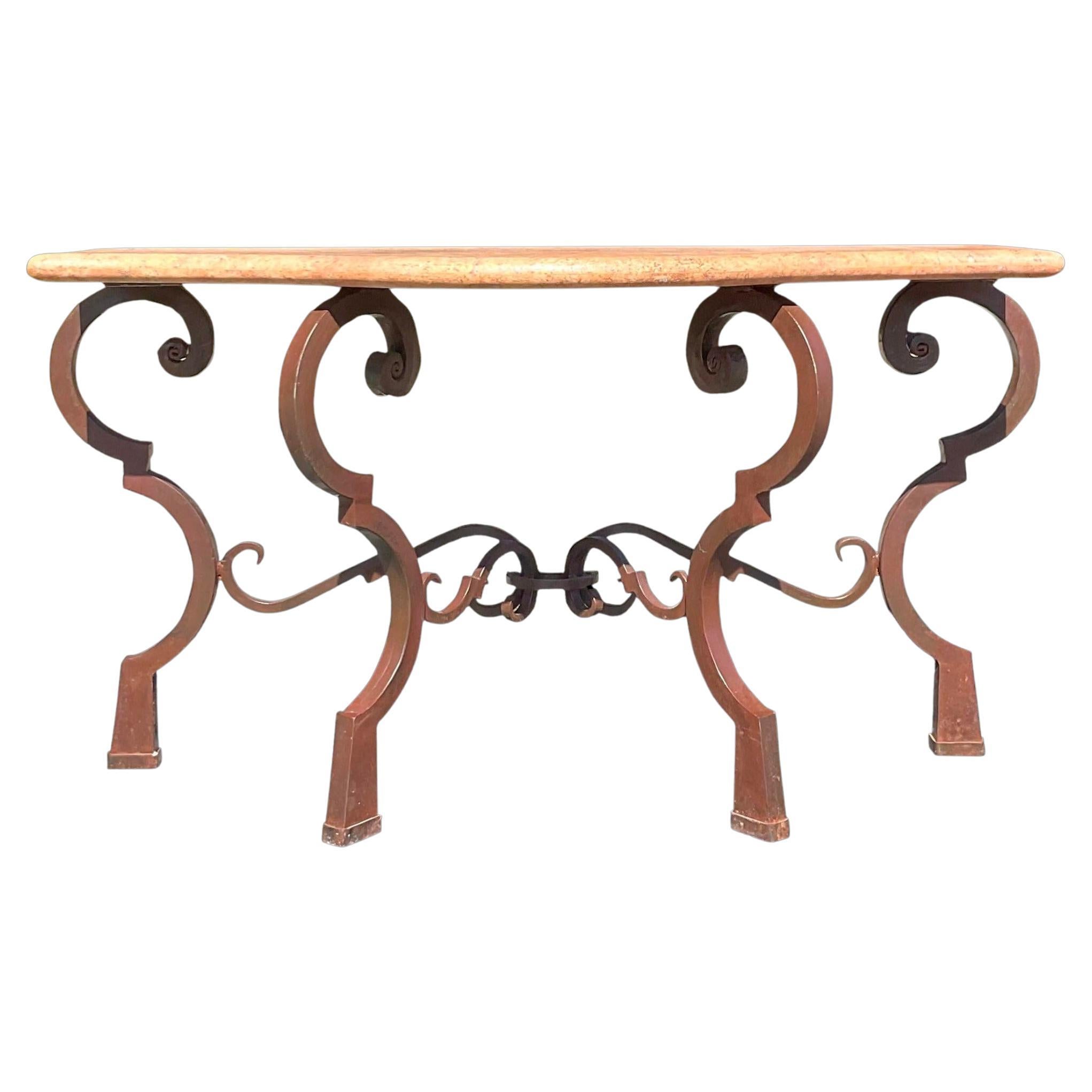 Vintage Coastal Wrought Iron and Stone Console Table For Sale