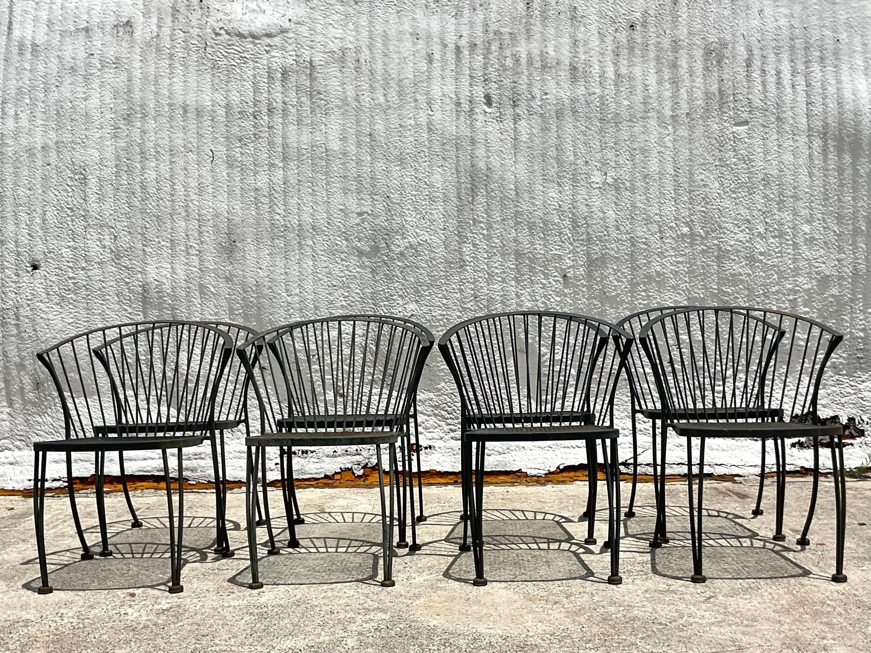 American Vintage Coastal Wrought Iron Dining Chairs After Russell Woodard - Set of 8