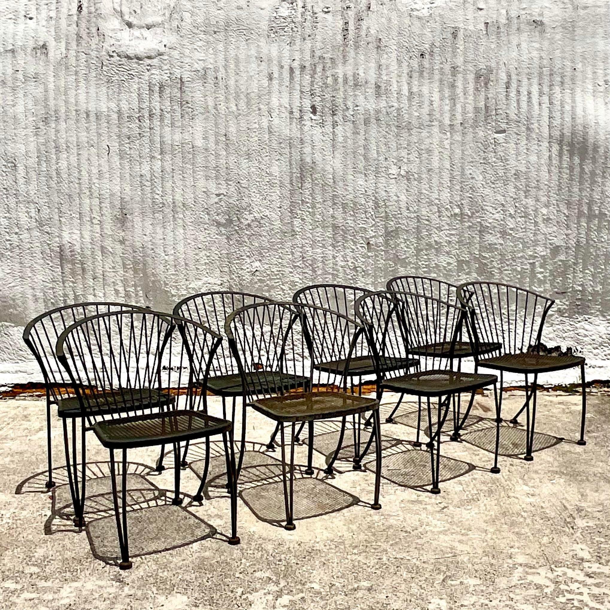 20th Century Vintage Coastal Wrought Iron Dining Chairs After Russell Woodard - Set of 8