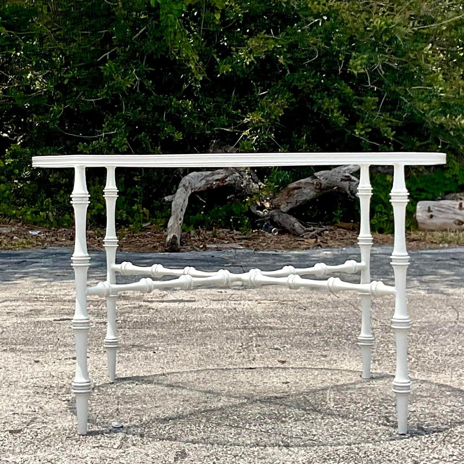 Vintage Coastal Wrought Iron Outdoor Dining Table After Phyllis Morris In Good Condition For Sale In west palm beach, FL