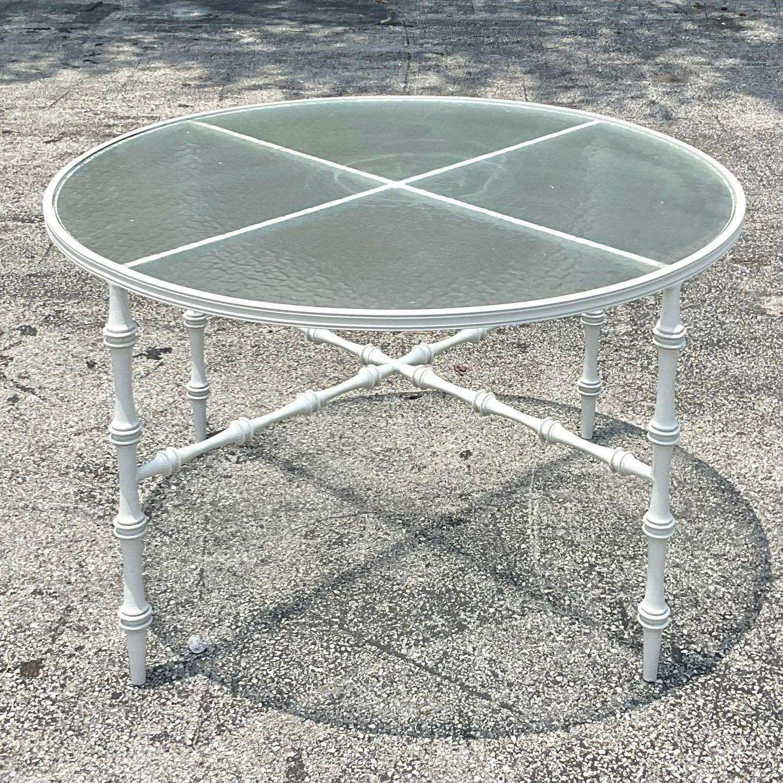 Glass Vintage Coastal Wrought Iron Outdoor Dining Table After Phyllis Morris For Sale