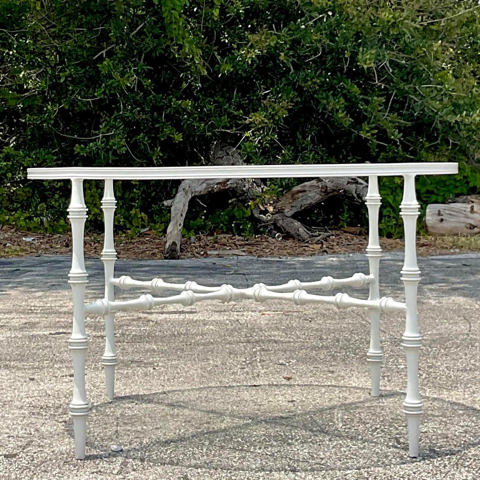 Vintage Coastal Wrought Iron Outdoor Dining Table After Phyllis Morris For Sale 1