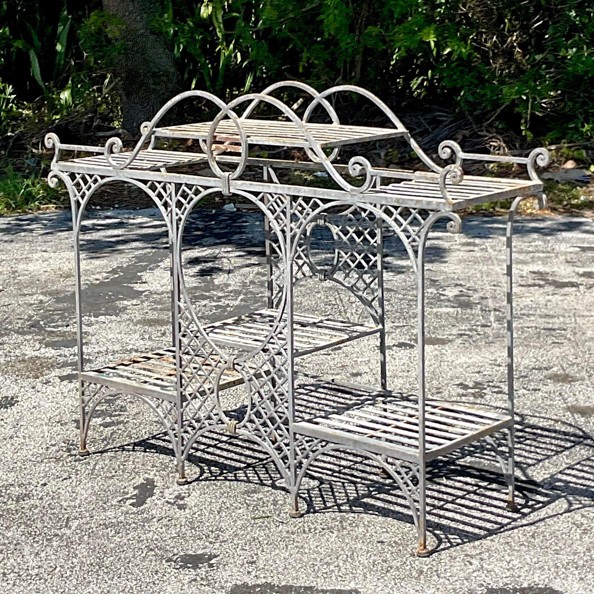 American Vintage Coastal Wrought Iron Outdoor Trellis Console Table For Sale