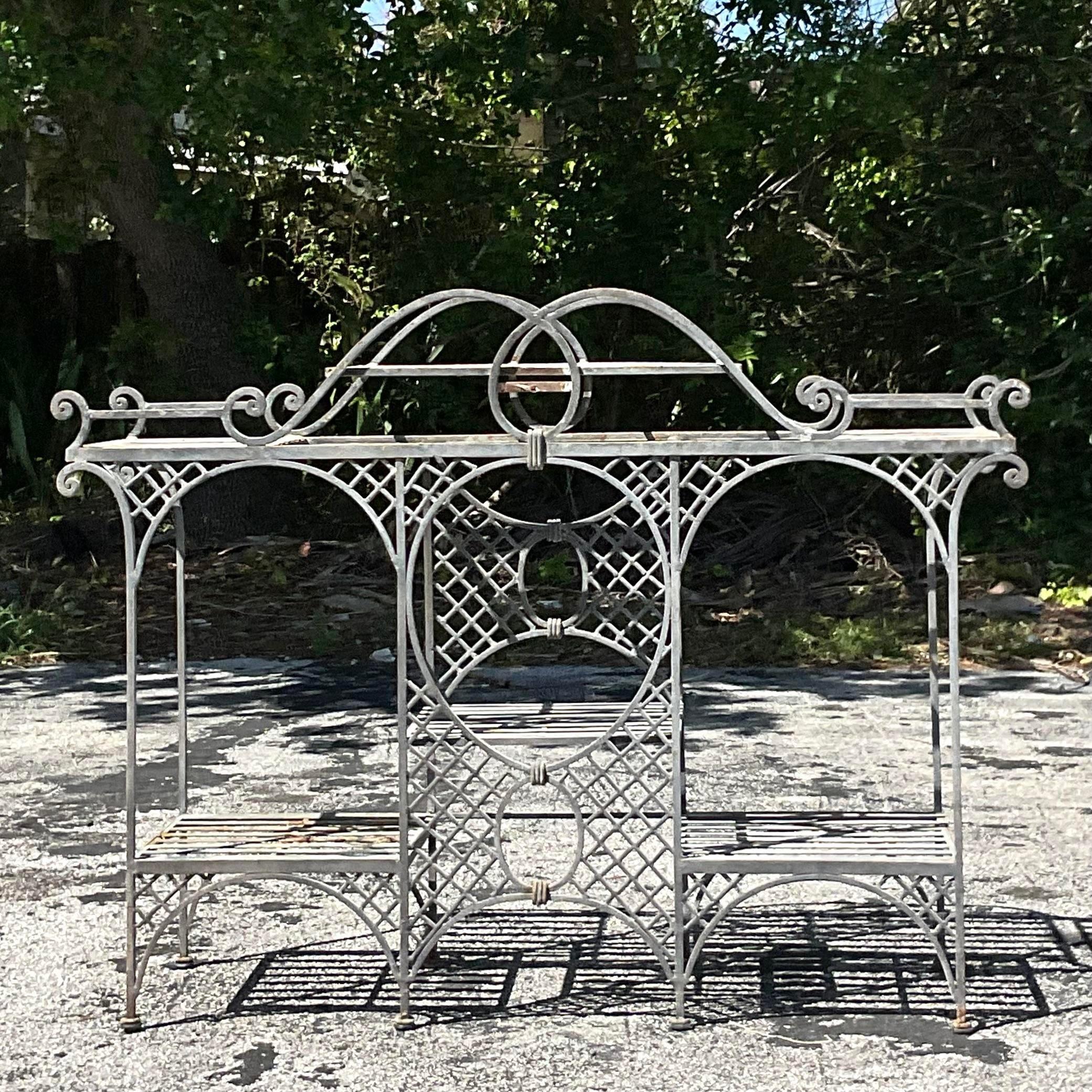 Vintage Coastal Wrought Iron Outdoor Trellis Console Table In Good Condition For Sale In west palm beach, FL
