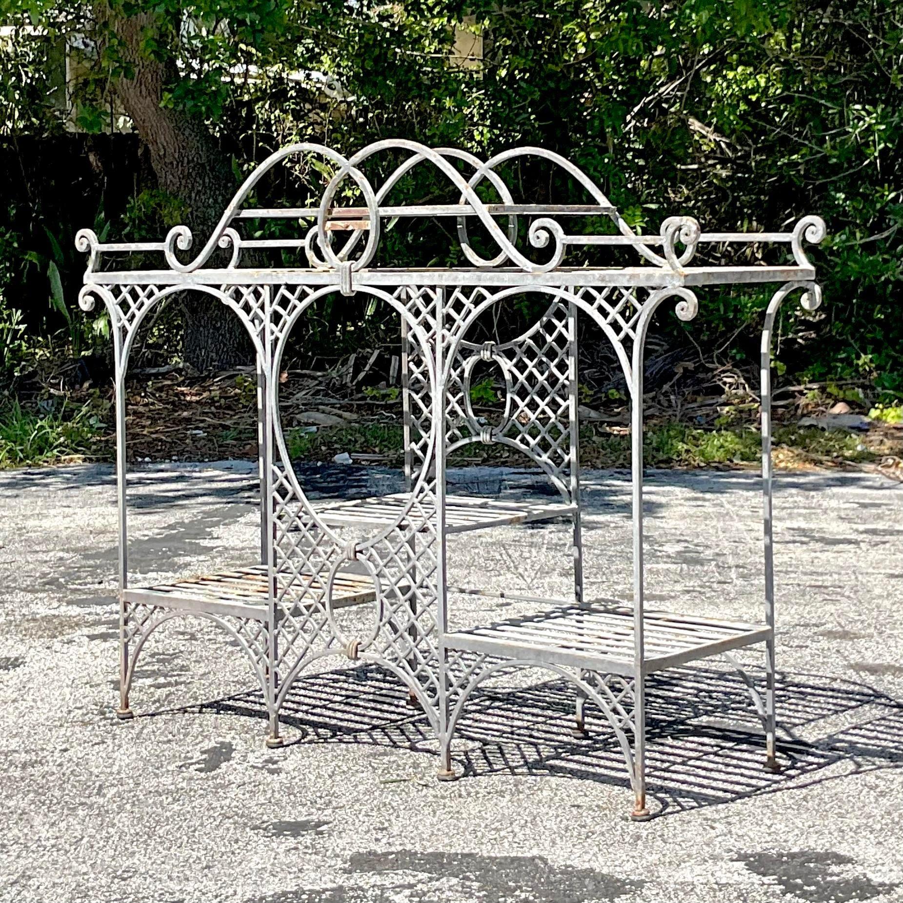 Vintage Coastal Wrought Iron Outdoor Trellis Console Table For Sale 1