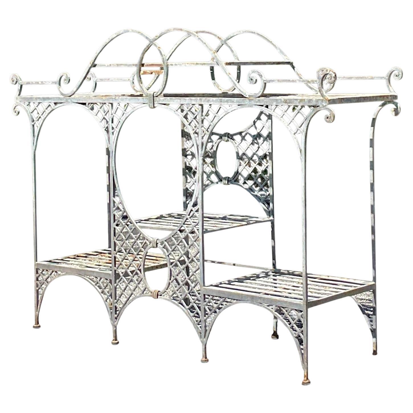 Vintage Coastal Wrought Iron Outdoor Trellis Console Table For Sale