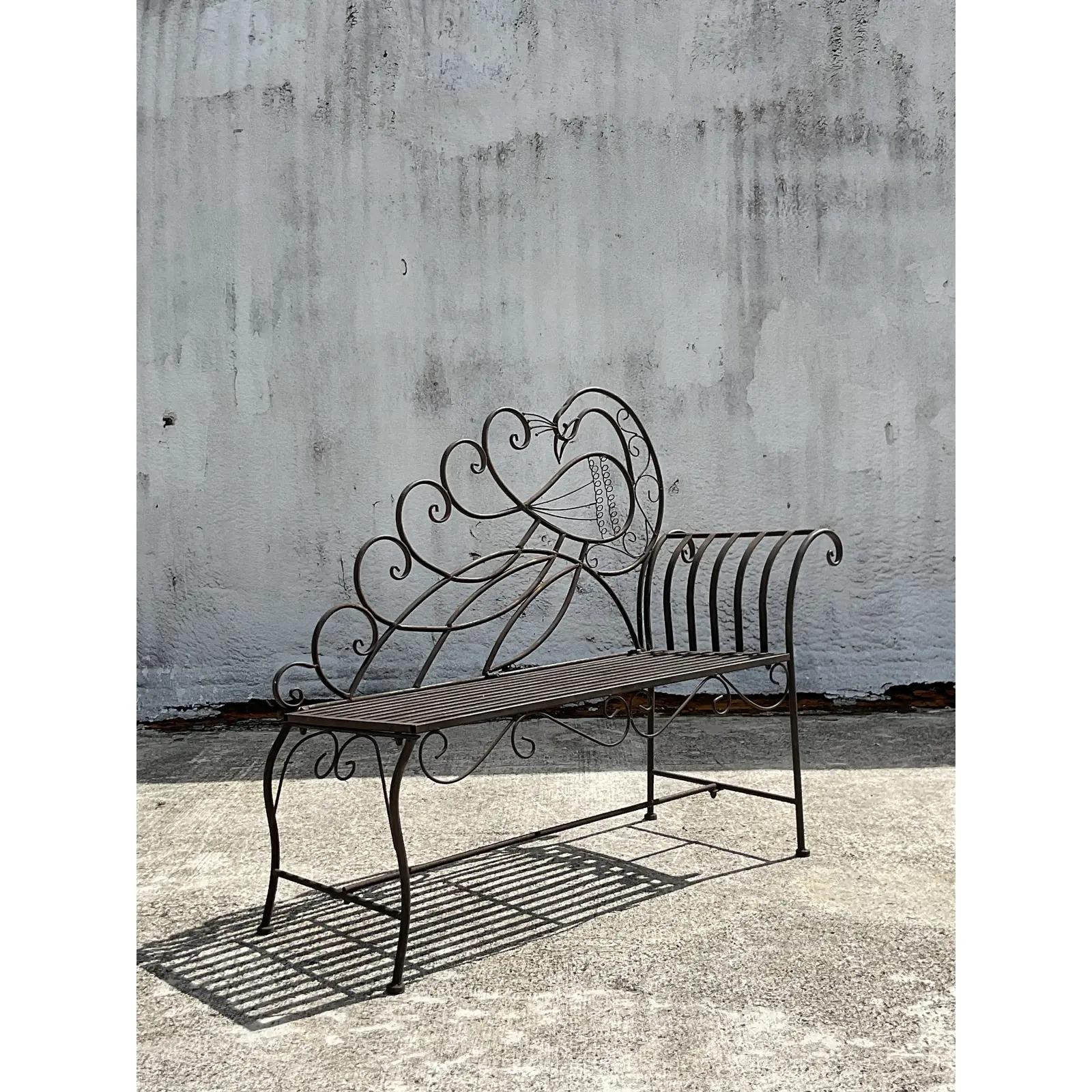 Vintage Coastal Wrought Iron Peacock Bench In Good Condition In west palm beach, FL