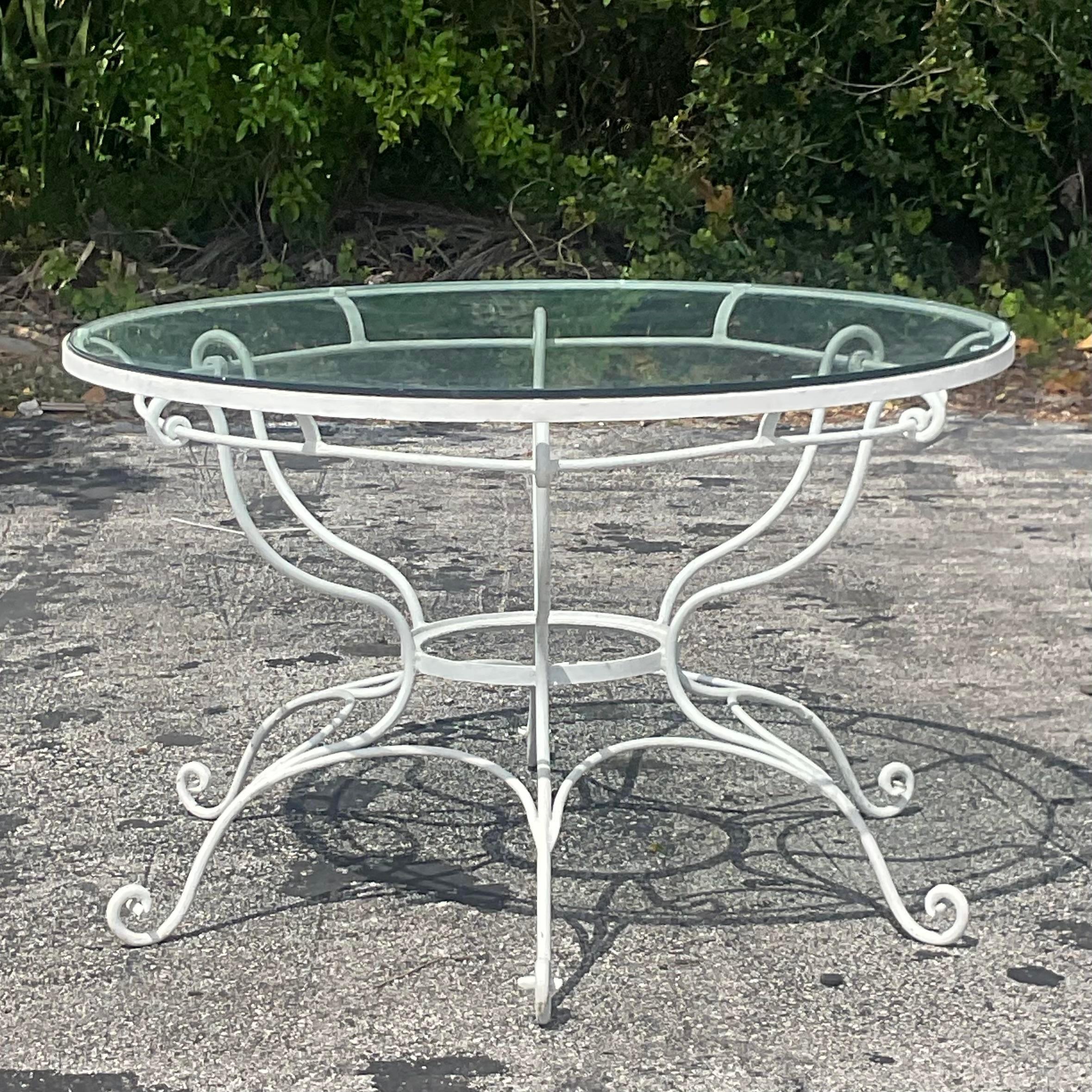 Vintage Coastal Wrought Iron Scroll Dining Table In Good Condition For Sale In west palm beach, FL