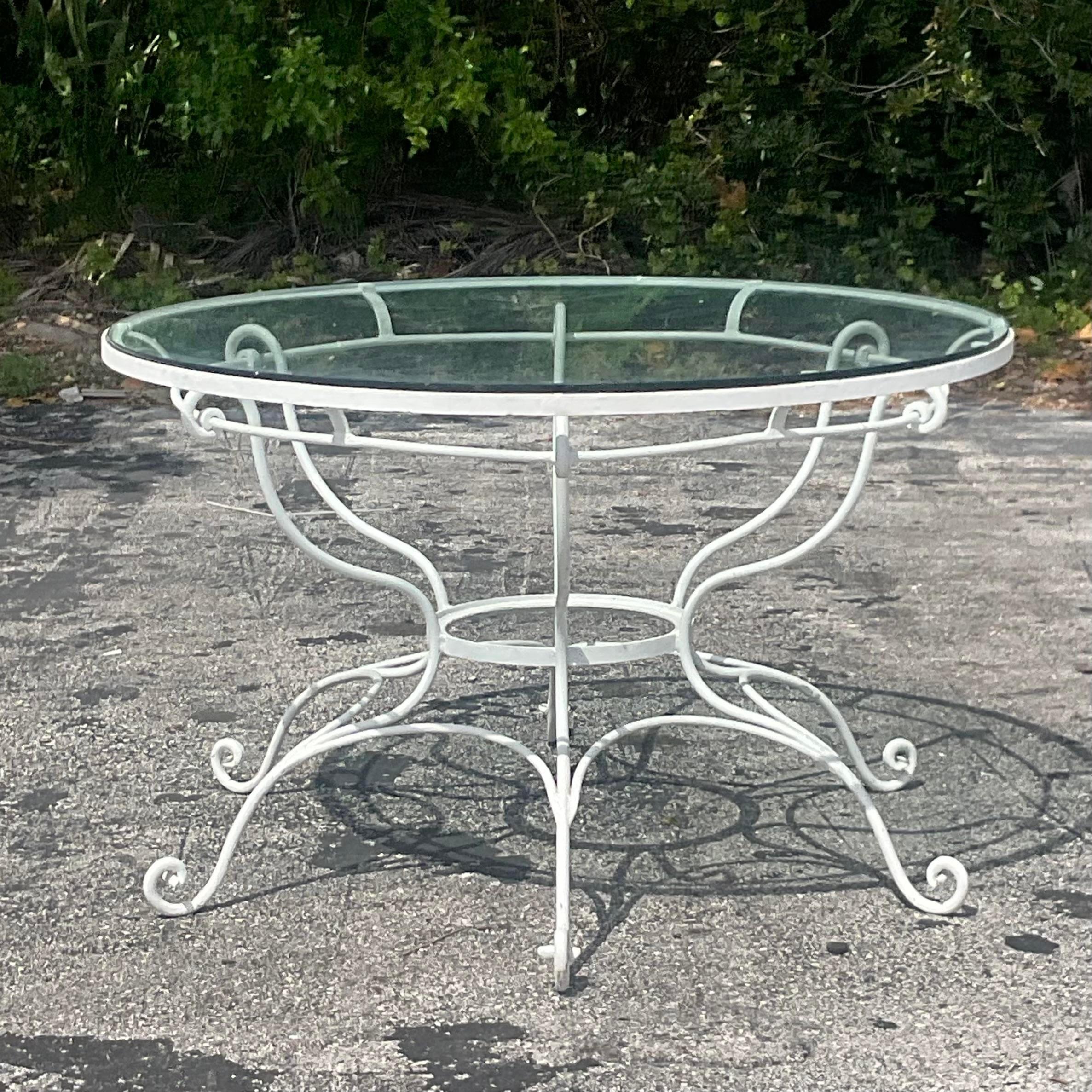 20th Century Vintage Coastal Wrought Iron Scroll Dining Table For Sale