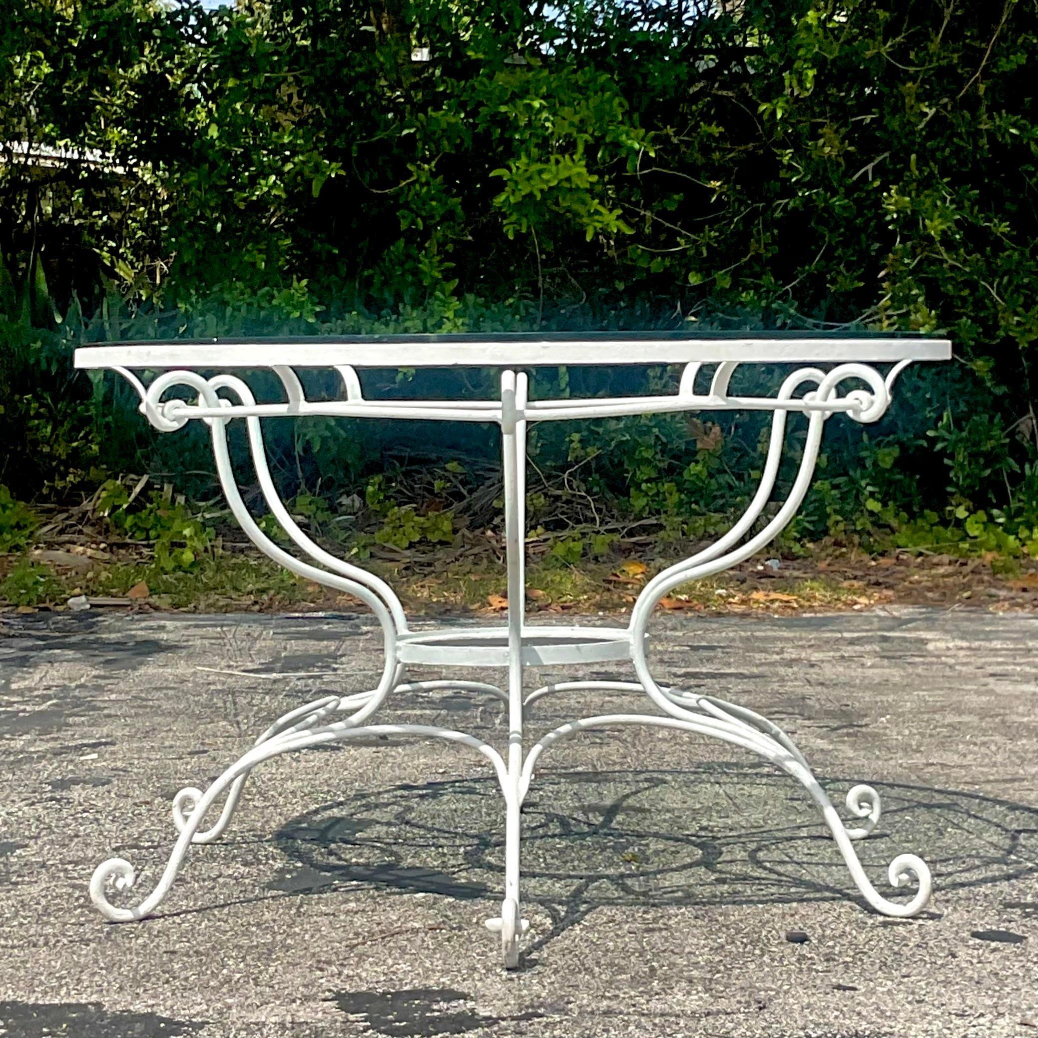 Glass Vintage Coastal Wrought Iron Scroll Dining Table For Sale
