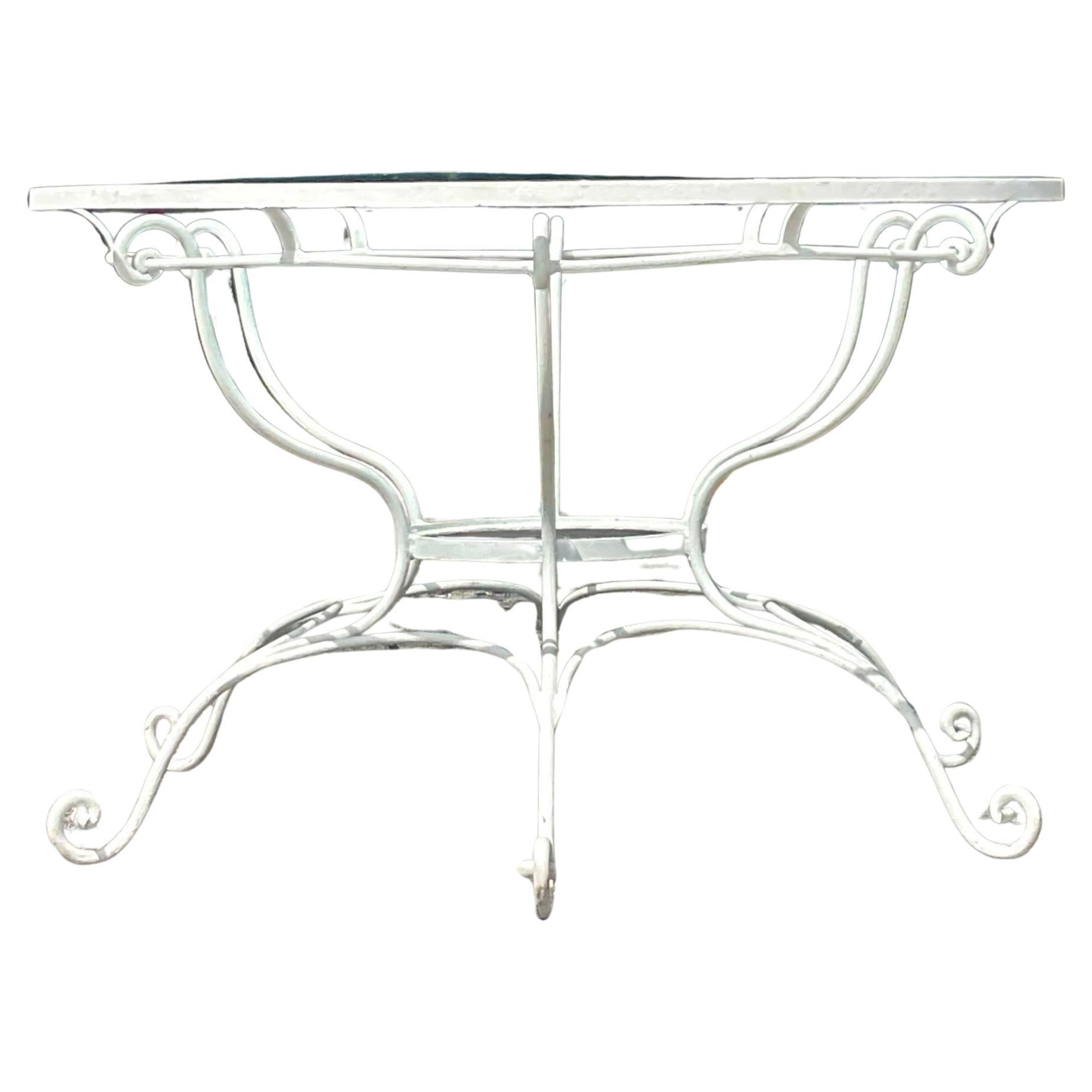 Vintage Coastal Wrought Iron Scroll Dining Table For Sale