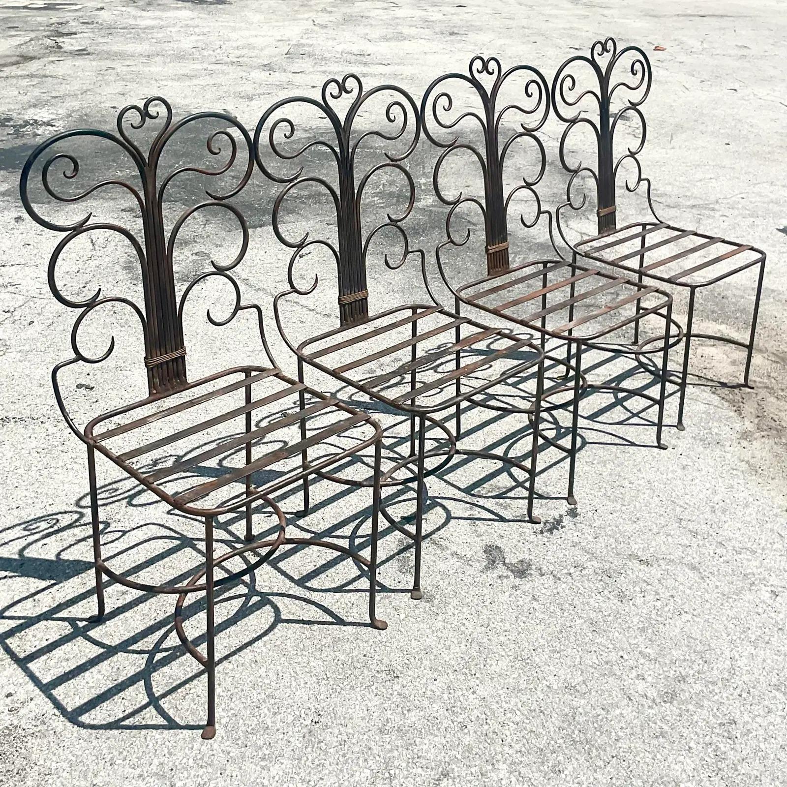 Vintage Coastal Wrought Iron Swirl Chairs, Set of 4 6