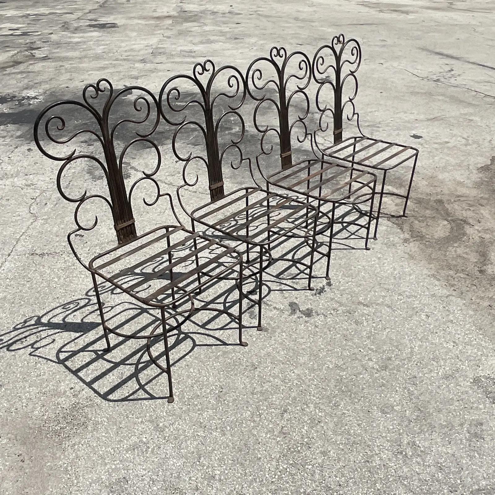 North American Vintage Coastal Wrought Iron Swirl Chairs, Set of 4