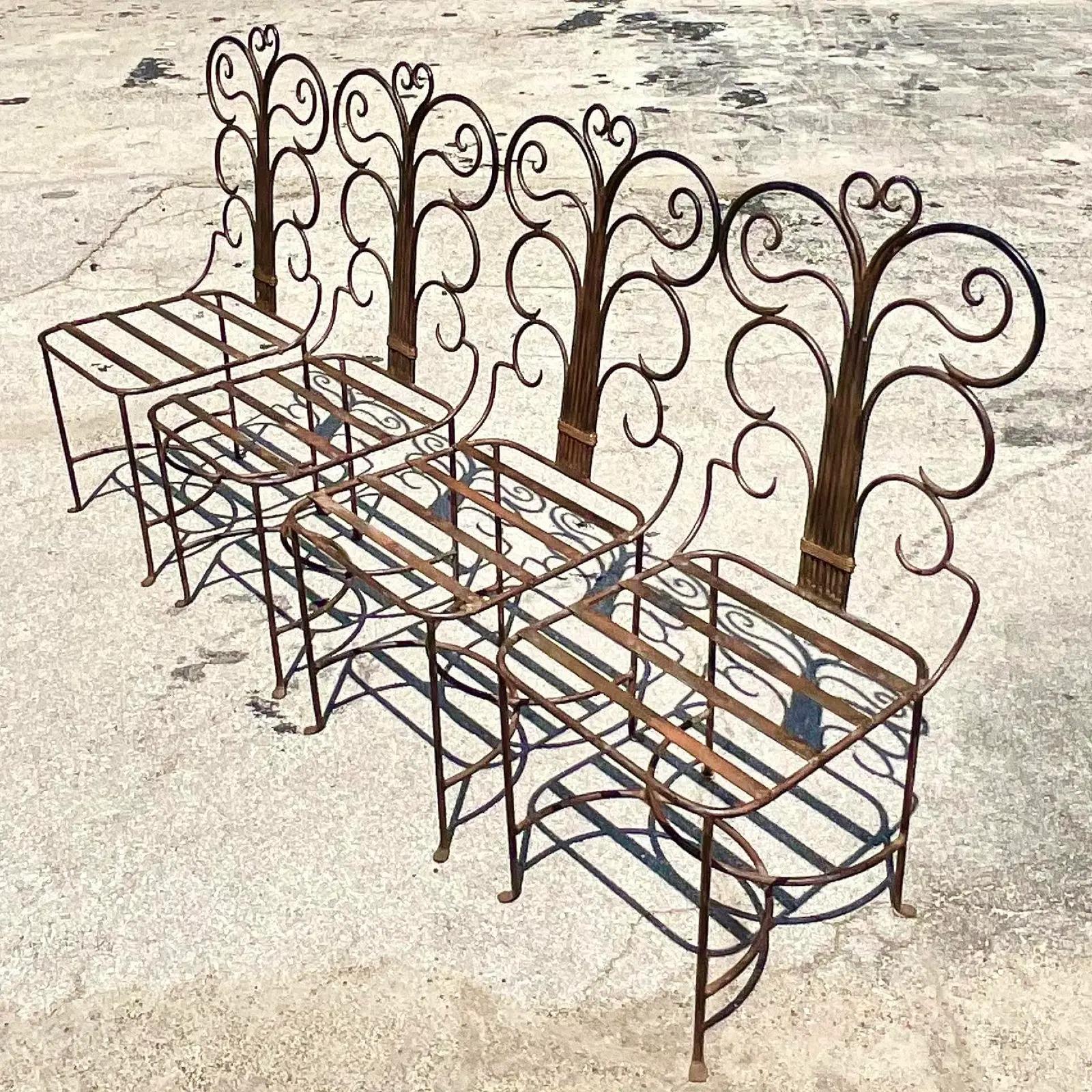 Vintage Coastal Wrought Iron Swirl Chairs, Set of 4 In Good Condition In west palm beach, FL
