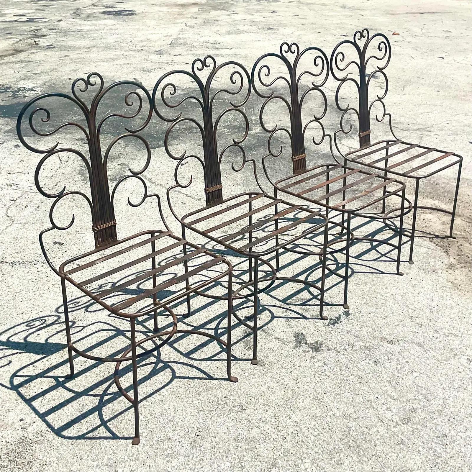 20th Century Vintage Coastal Wrought Iron Swirl Chairs, Set of 4