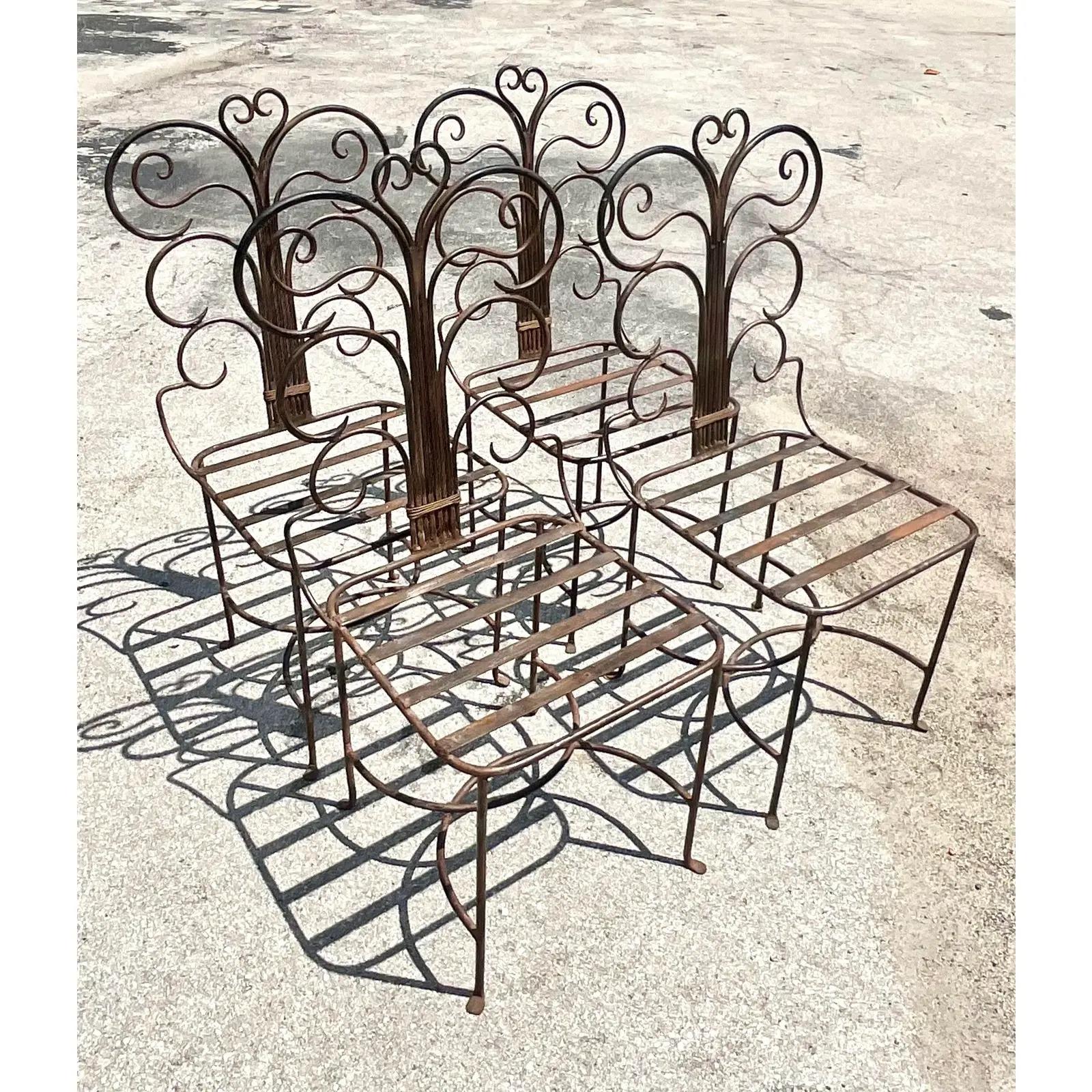 Vintage Coastal Wrought Iron Swirl Chairs, Set of 4 4