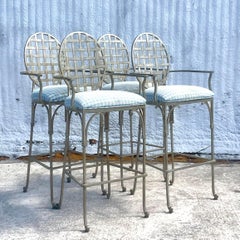 Vintage Coastal Wrought Iron Trellis Barstools, Set of 4