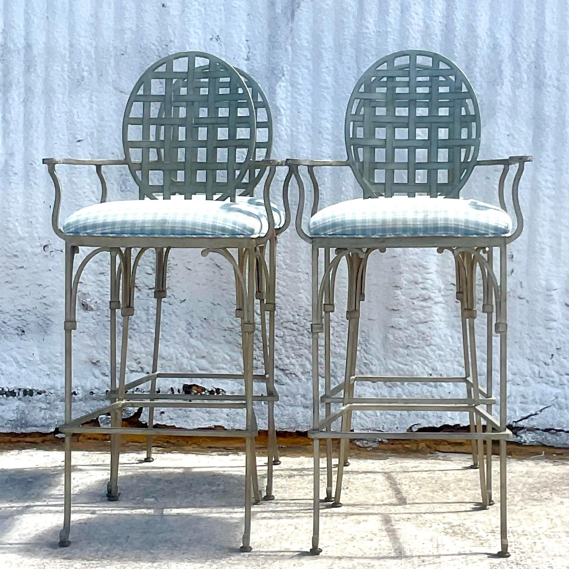Vintage Coastal Wrought Iron Trellis Barstools, Set of 4 In Good Condition In west palm beach, FL