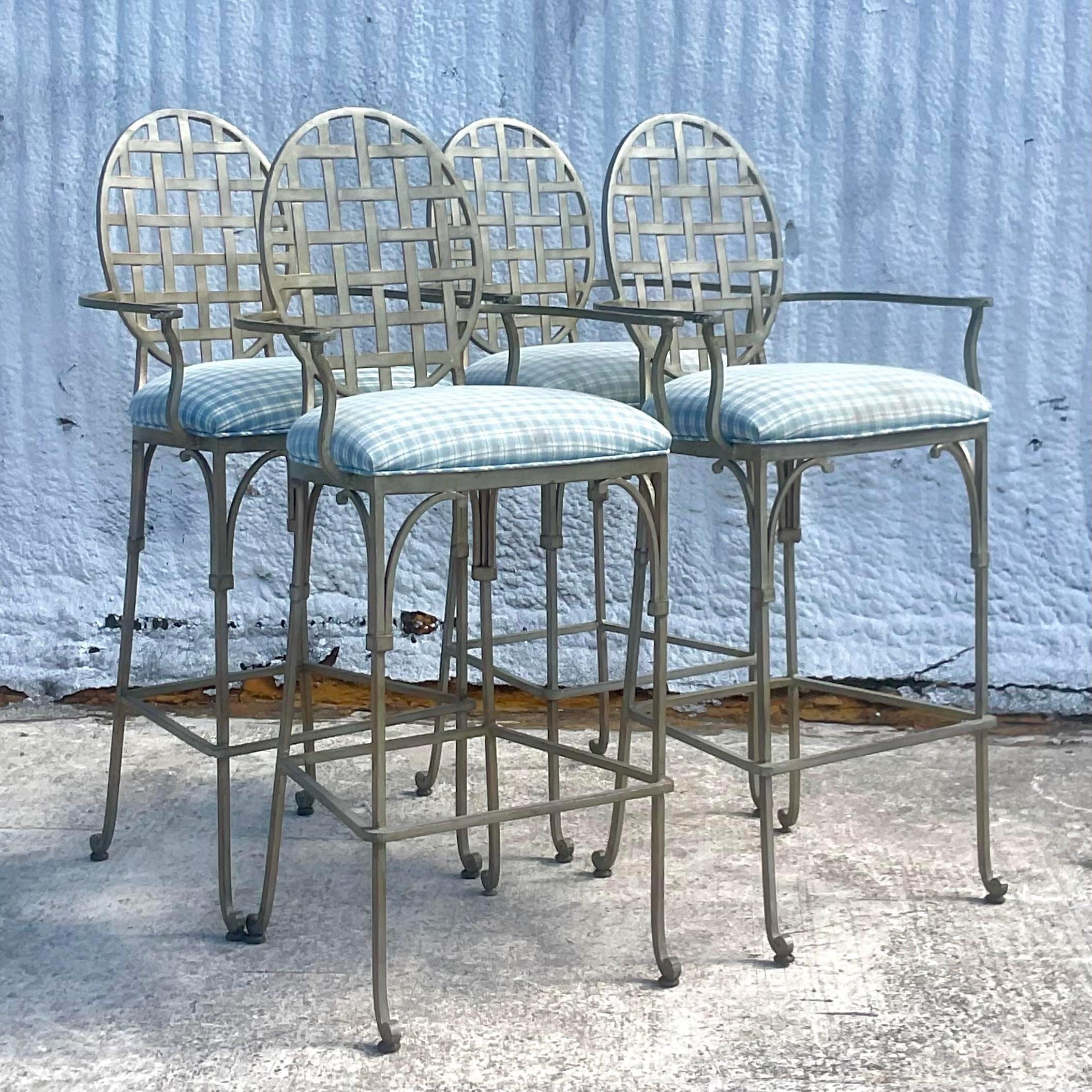 20th Century Vintage Coastal Wrought Iron Trellis Barstools, Set of 4