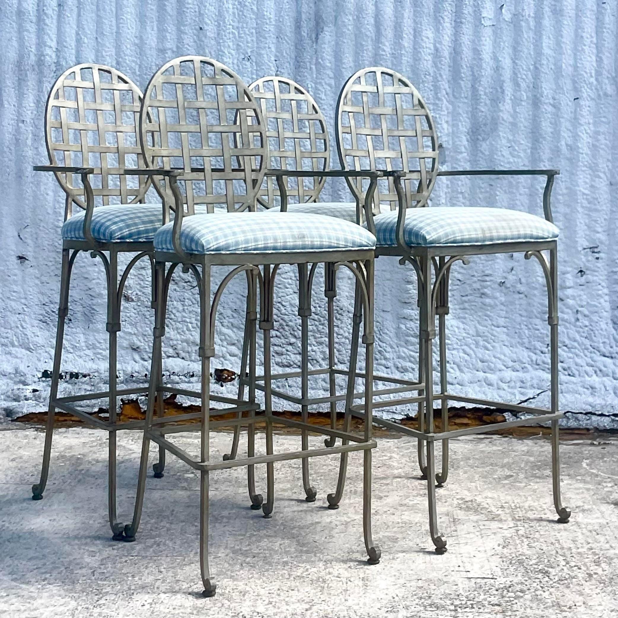 Vintage Coastal Wrought Iron Trellis Barstools, Set of 4 1
