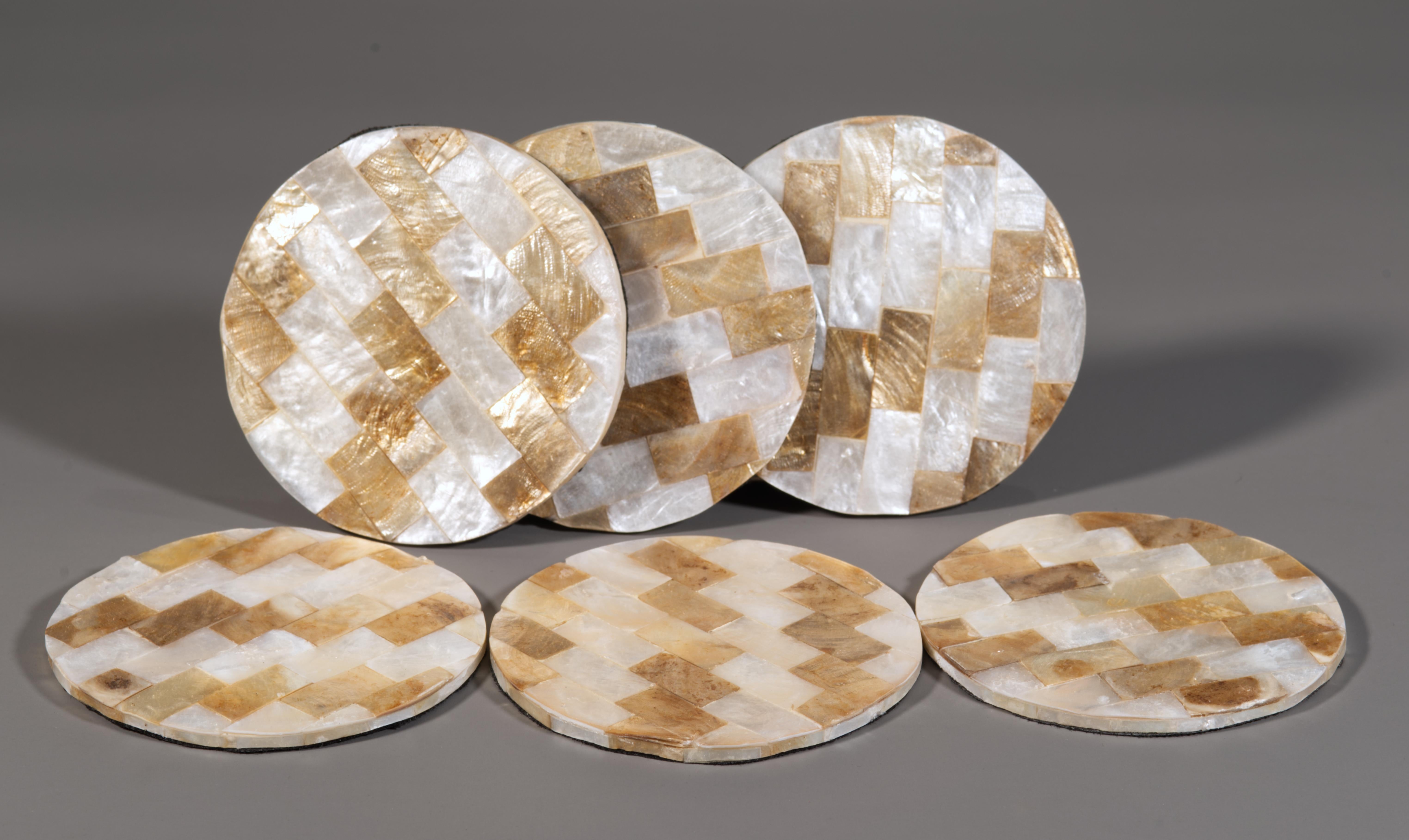  Vintage set of 6 coasters in a holder box feature capiz, abalone, pearl shell designs with geometric shell pattern covering round coasters and the box. Rectangular fragments of shells are organized in tile-like pattern, adding Art Deco influence to