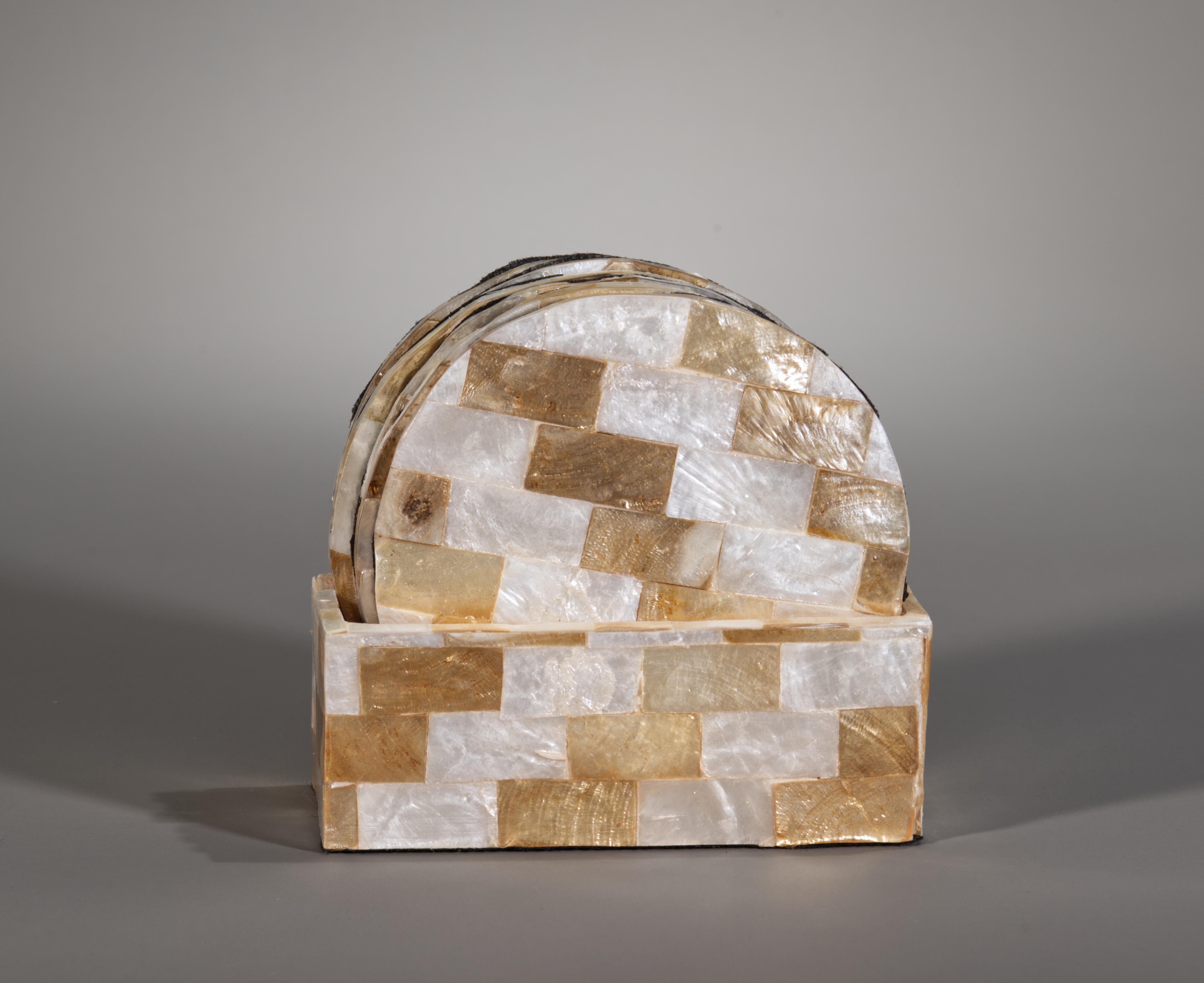 Organic Modern Vintage Coasters in Capiz Pearl Shell Set of 6 in Holder Box For Sale