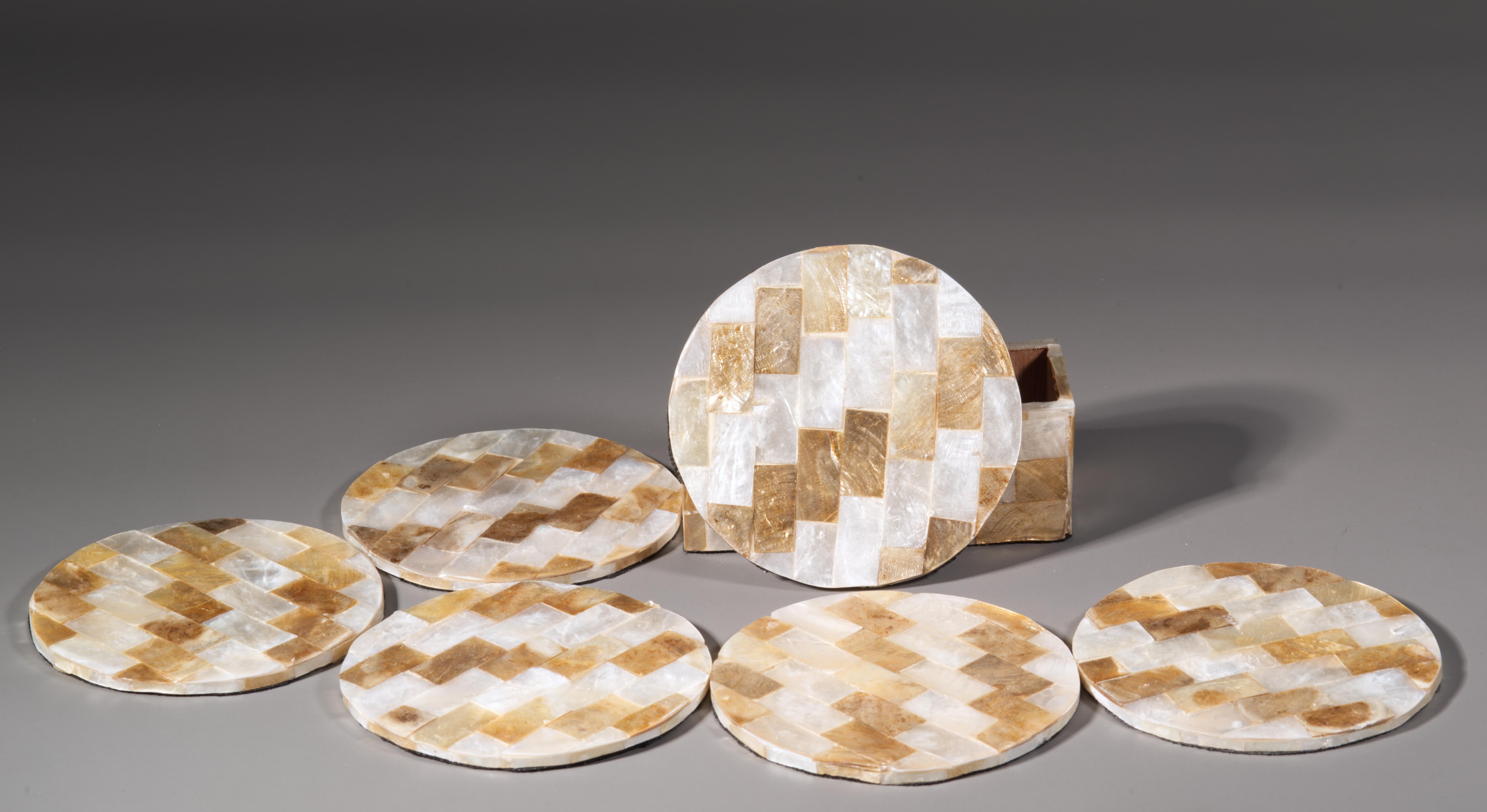 20th Century Vintage Coasters in Capiz Pearl Shell Set of 6 in Holder Box For Sale