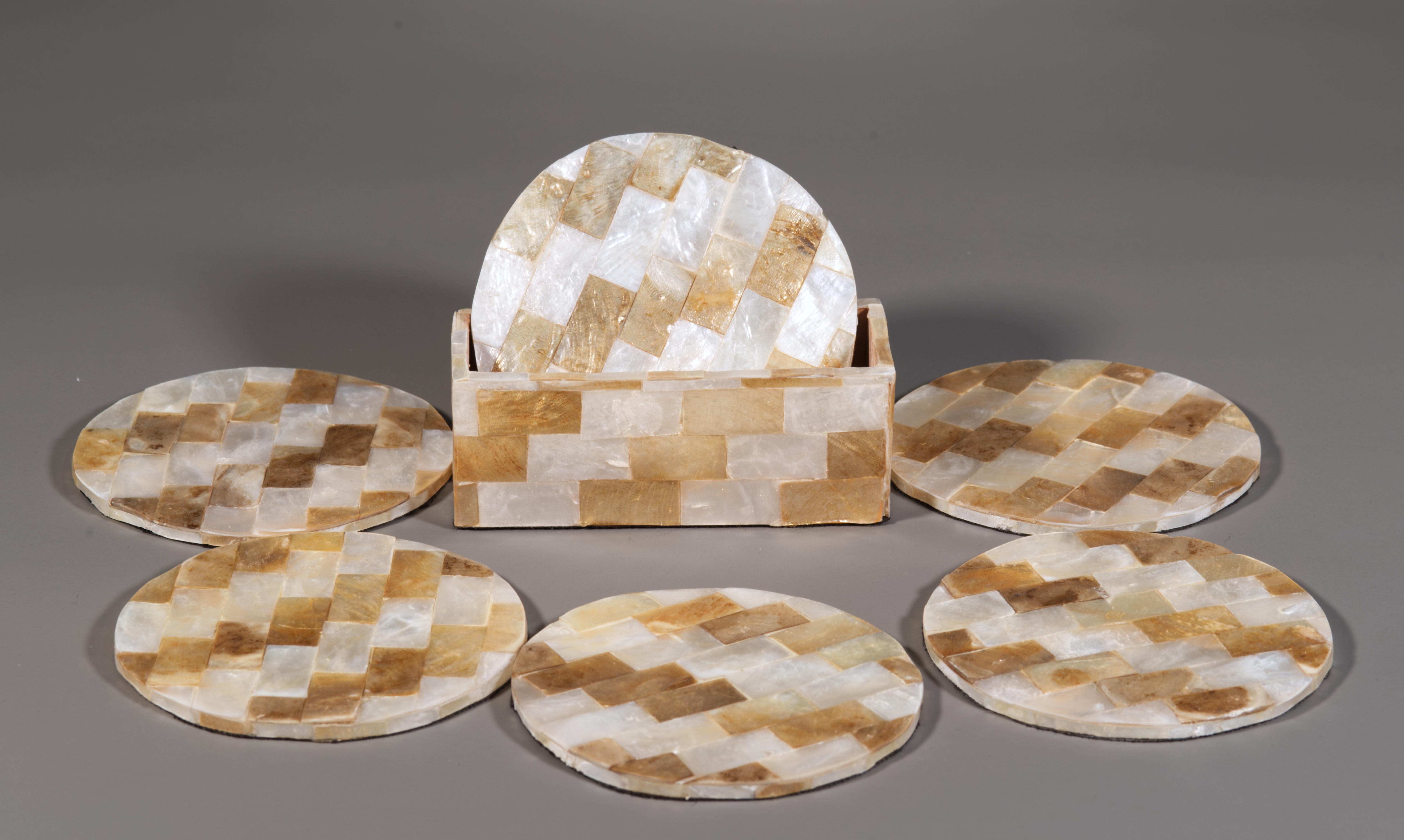 Vintage Coasters in Capiz Pearl Shell Set of 6 in Holder Box For Sale 1