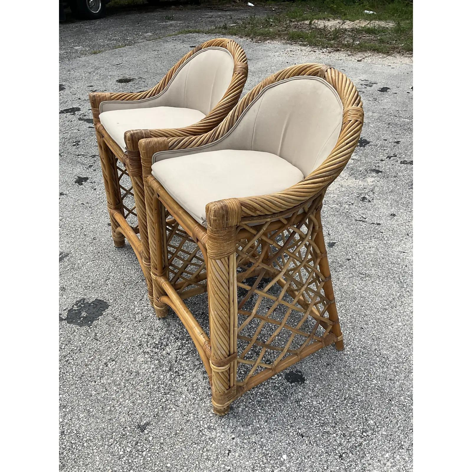 Vintage Coastal Twisted Rattan Barstools - a Pair In Good Condition For Sale In west palm beach, FL