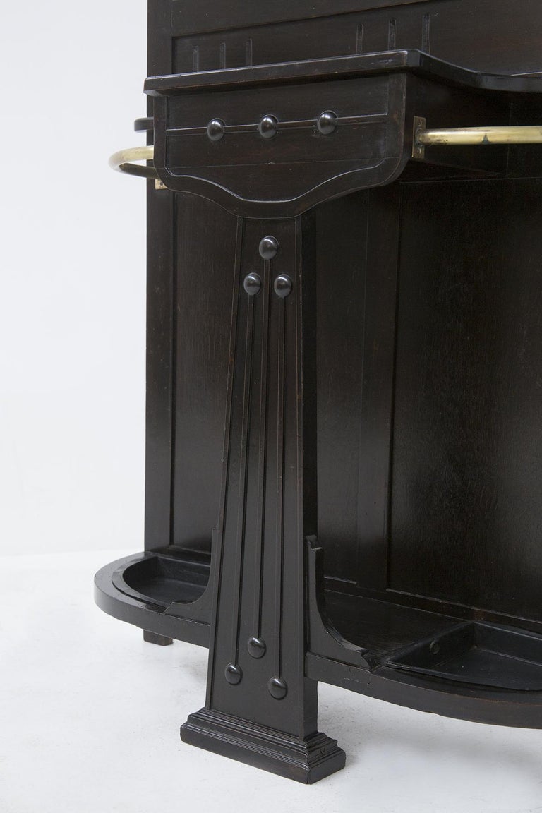 Vintage Coat Hanger with Mirror in Lacquered Wood and Brass For Sale at 1stDibs