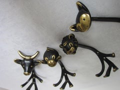 Vintage Coat hooks in shape of cat, lion, cow and monkey, 1950s Walter Bosse