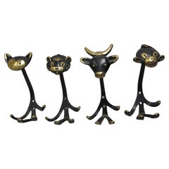 Vintage Coat hooks in shape of cat, lion, cow and monkey, 1950s Walter Bosse