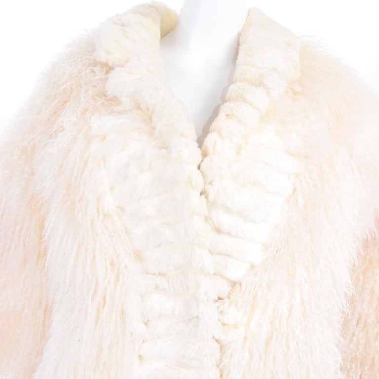 Ivory Cream Vintage Coat Tibetan Lamb Fur Jacket With Rabbit Fur Trim