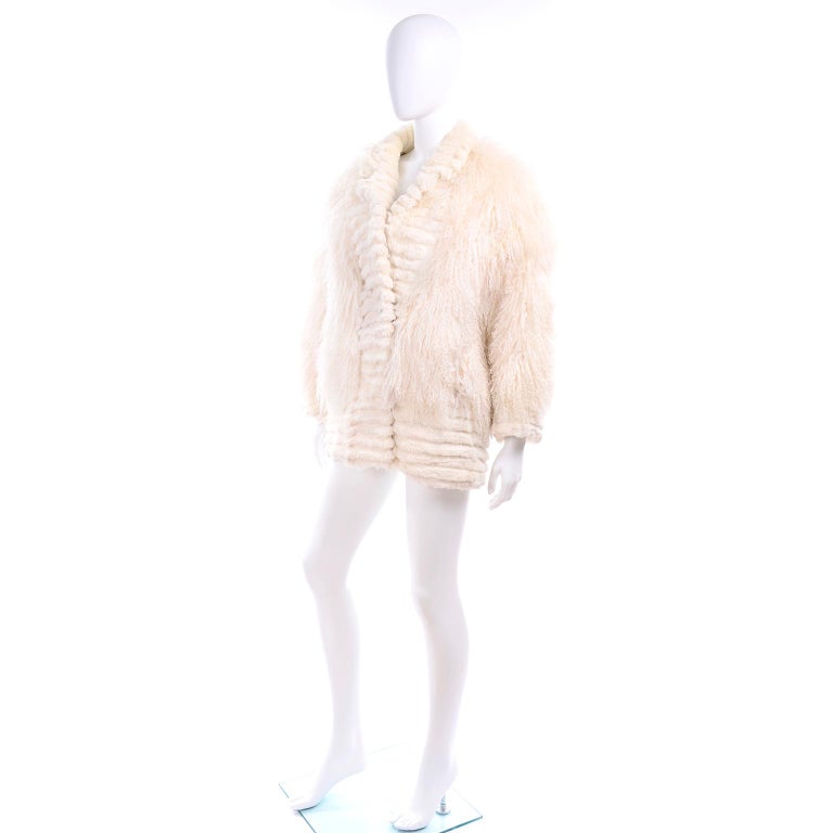 Ivory Cream Vintage Coat Tibetan Lamb Fur Jacket With Rabbit Fur Trim