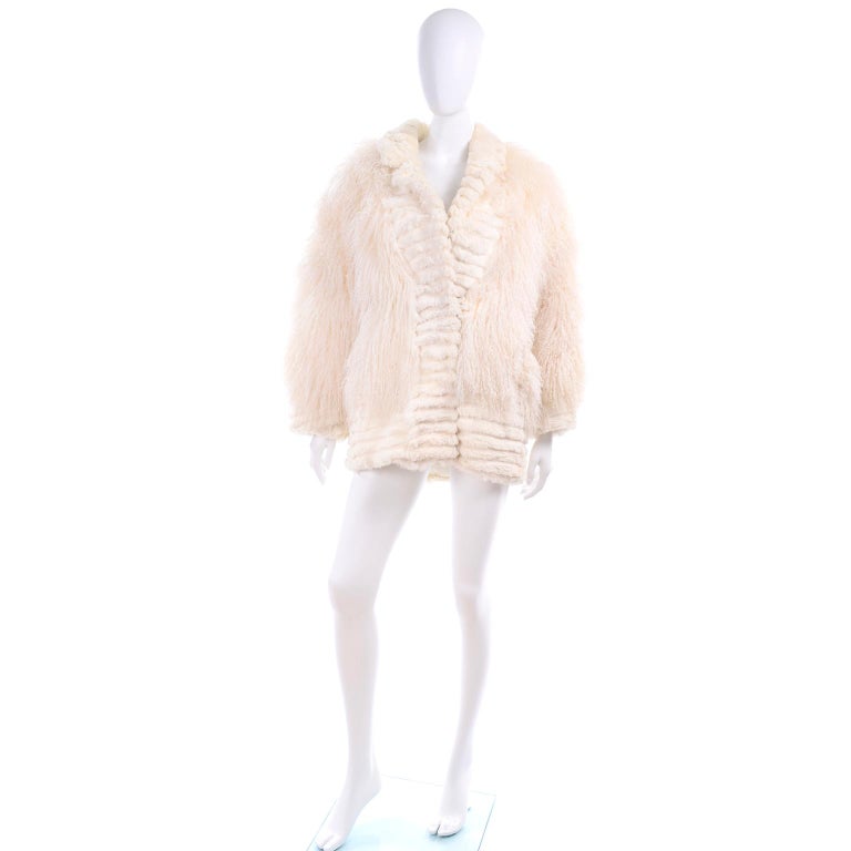 Ivory Cream Vintage Coat Tibetan Lamb Fur Jacket With Rabbit Fur Trim
